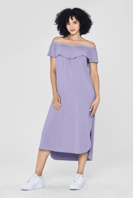 Purple Off Shoulder Ruffle Jersey Dress