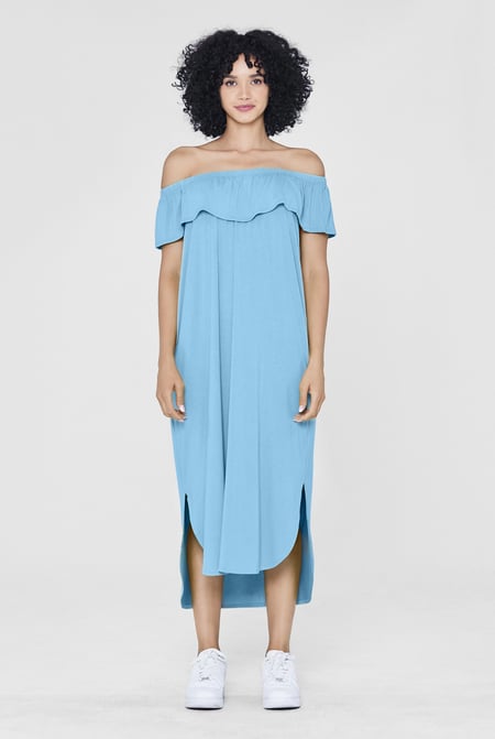 Purple Off Shoulder Ruffle Jersey Dress