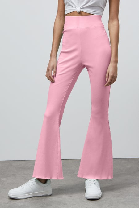 Pink Textured Ribbed Flared Trousers
