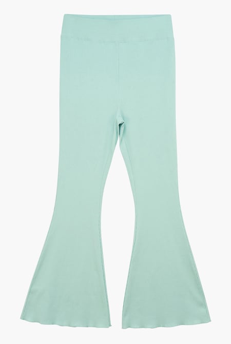Green Textured Ribbed Flared Trousers