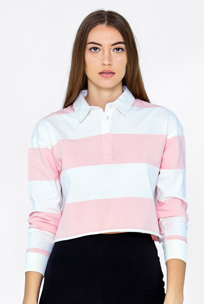 Raw Edge Hem Crop Striped Poloshirt YD