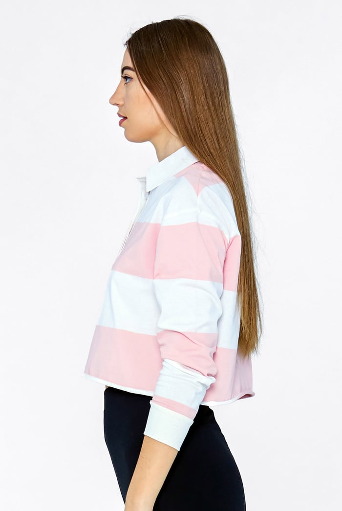 Raw Edge Hem Crop Striped Poloshirt YD