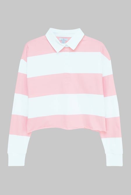 Pink Raw Edge Hem Crop Striped Poloshirt YD