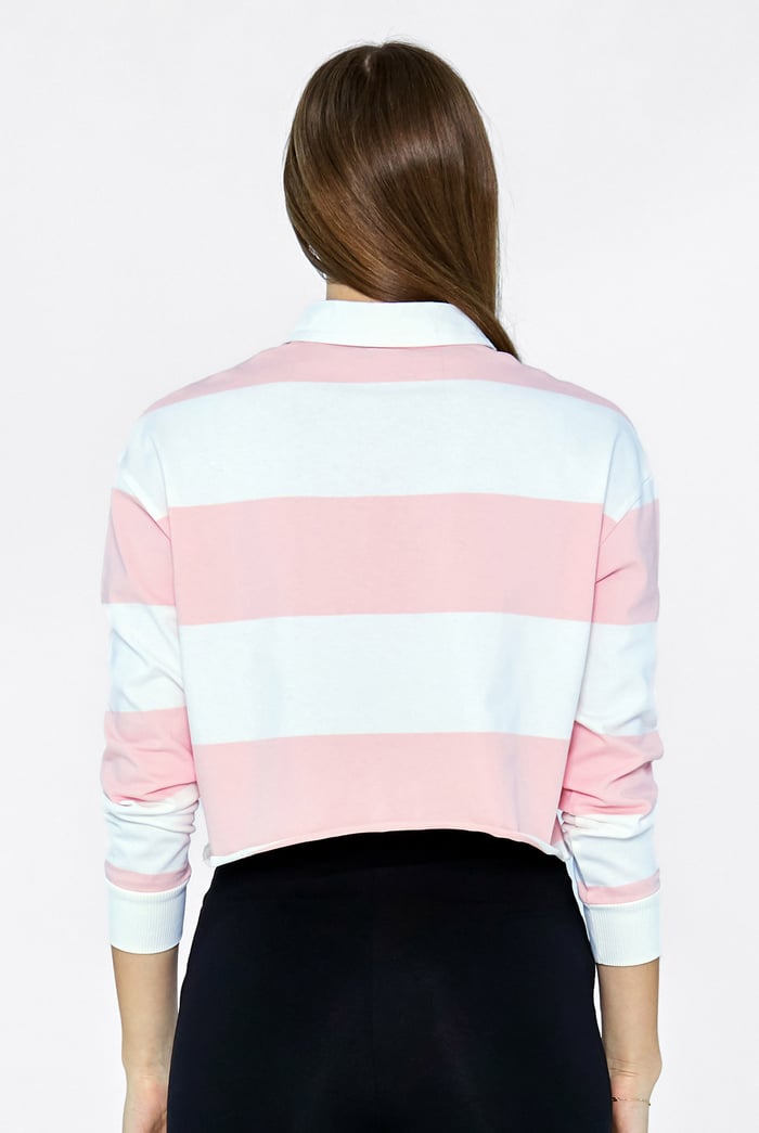 Raw Edge Hem Crop Striped Poloshirt YD