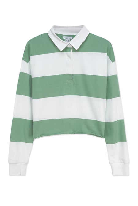 Green Raw Edge Hem Crop Striped Poloshirt YD