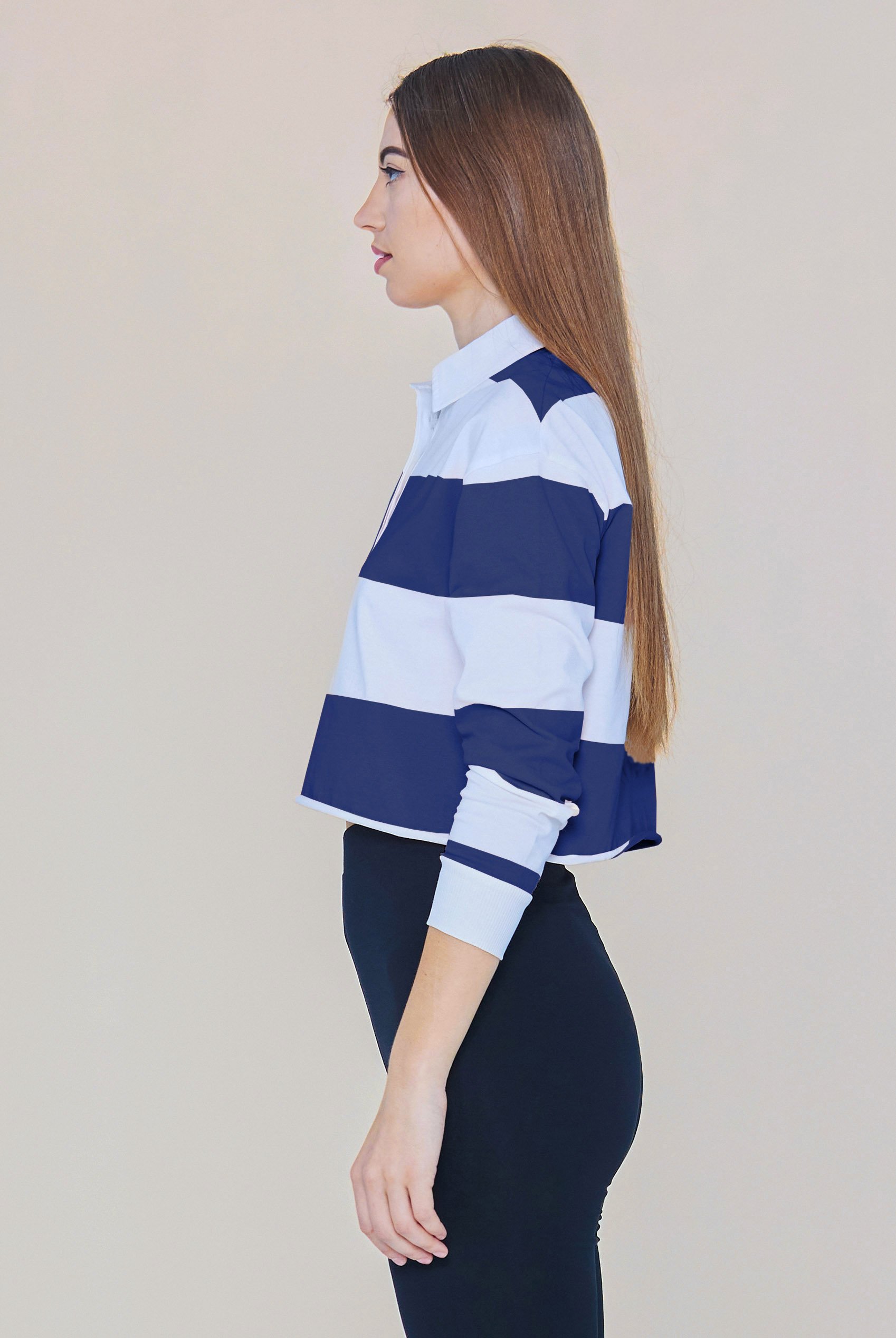 Raw Edge Hem Crop Striped Poloshirt YD