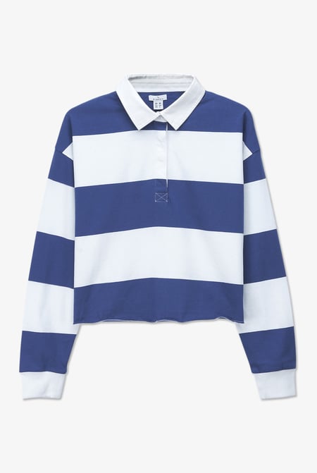 Blue Raw Edge Hem Crop Striped Poloshirt YD