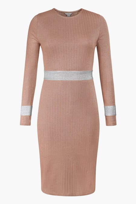 Navy Shiny Silver Metallic Stretch Midi Dress