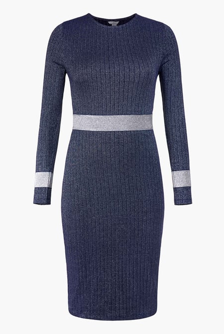 Navy Shiny Silver Metallic Stretch Midi Dress