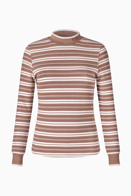 Brown Striped Ribbed Long Sleeve High Neck Jersey Top