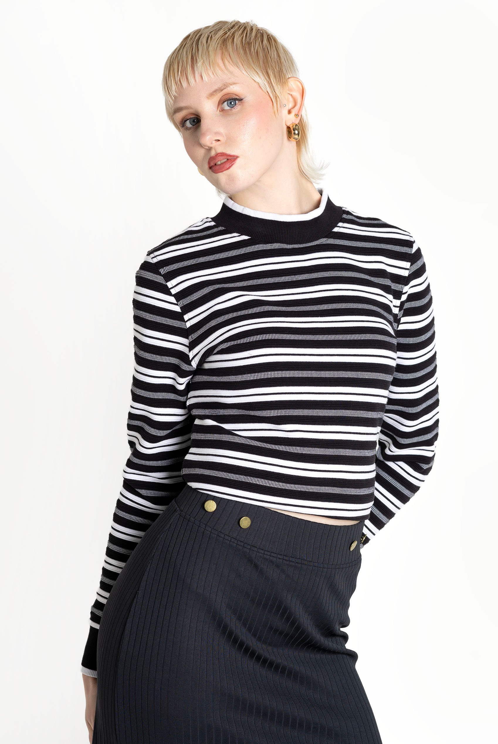 Striped Ribbed Long Sleeve High Neck Jersey Top
