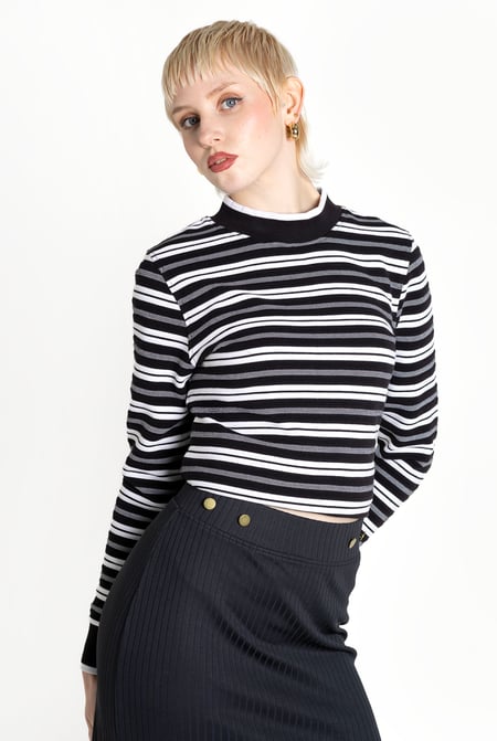 Black Striped Ribbed Long Sleeve High Neck Jersey Top