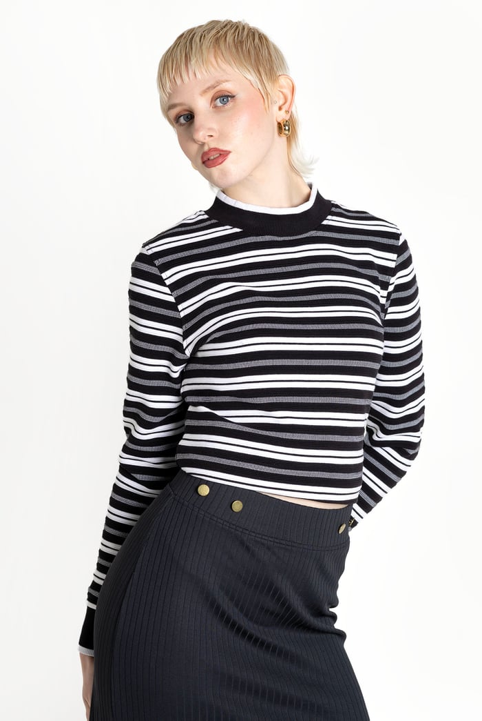 Striped Ribbed Long Sleeve High Neck Jersey Top