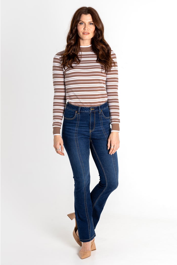 Striped Ribbed Long Sleeve High Neck Jersey Top