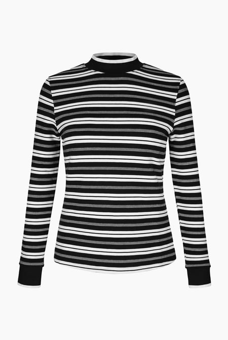 Striped Ribbed Long Sleeve High Neck Jersey Top