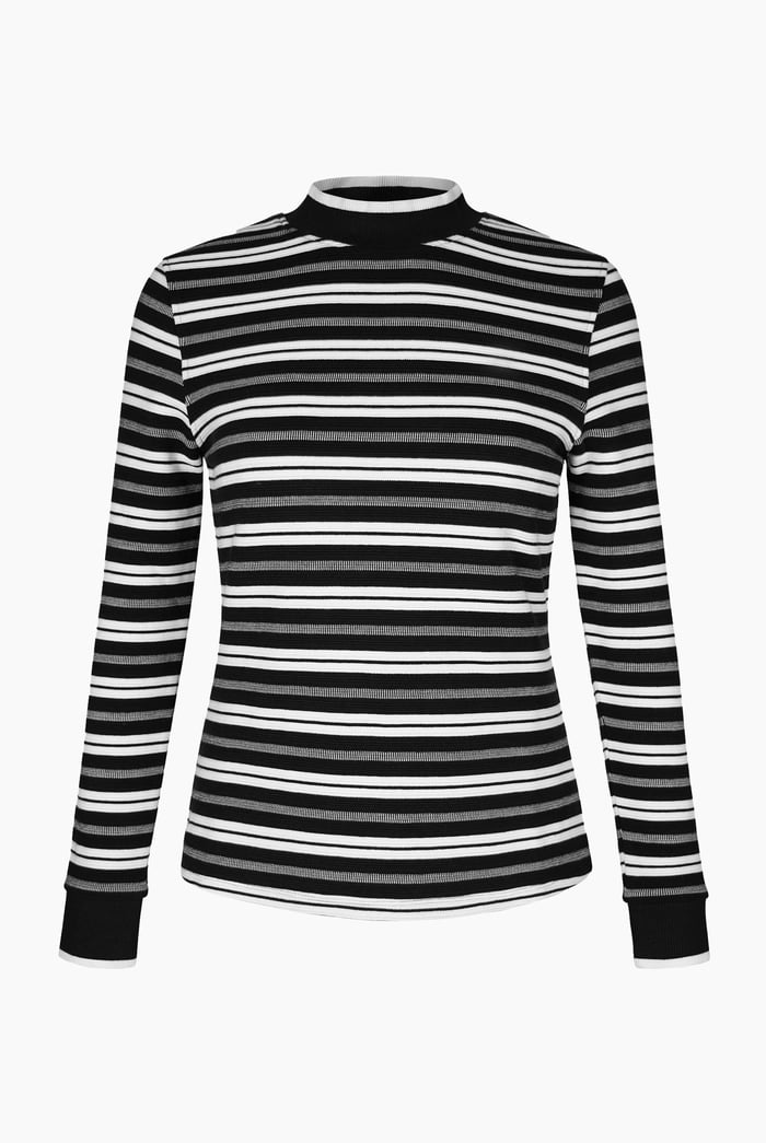 Striped Ribbed Long Sleeve High Neck Jersey Top