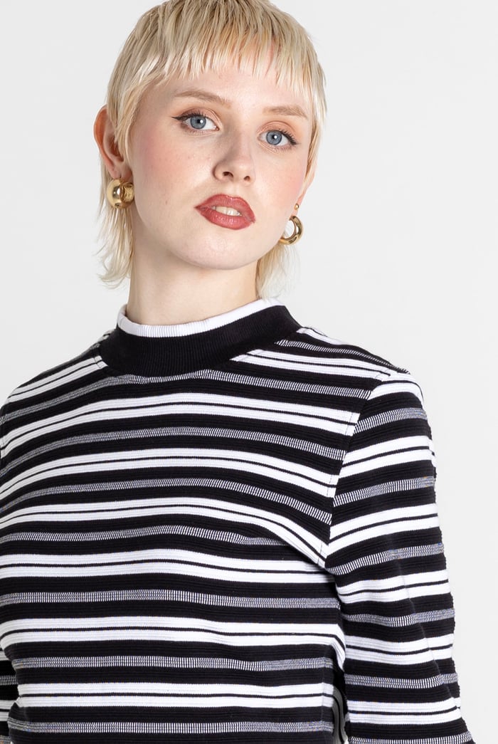 Striped Ribbed Long Sleeve High Neck Jersey Top