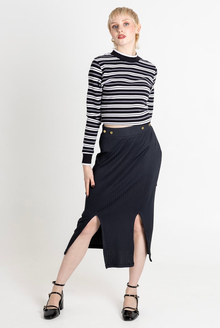Striped Ribbed Long Sleeve High Neck Jersey Top