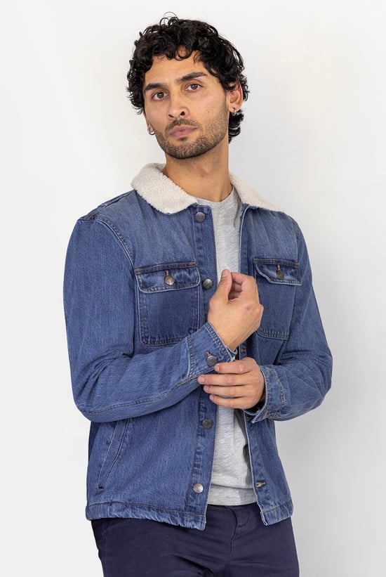 Mid Blue Borg Collar Cotton Denim Trucker Jacket