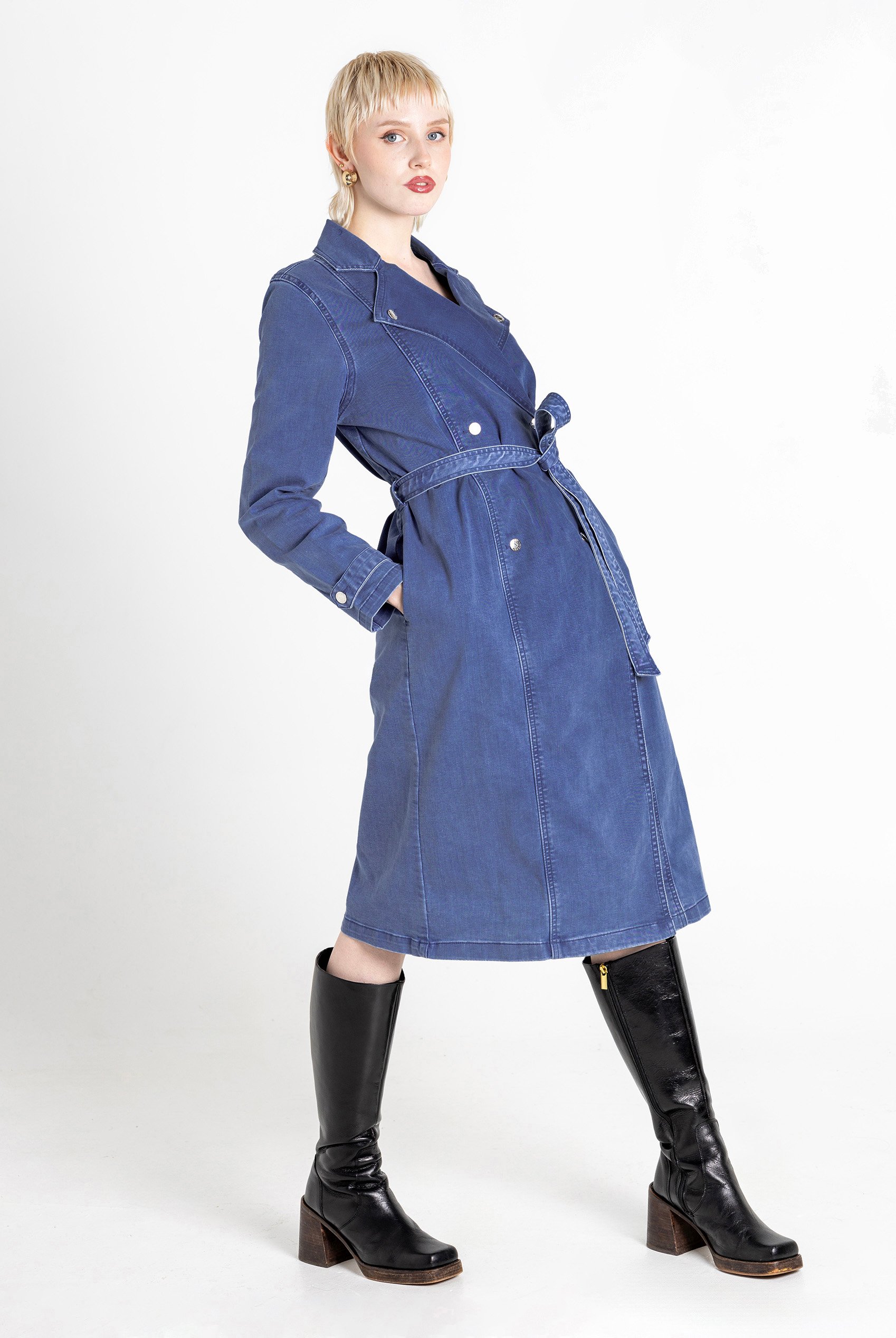 Mid Blue Denim Belted Trench Coat