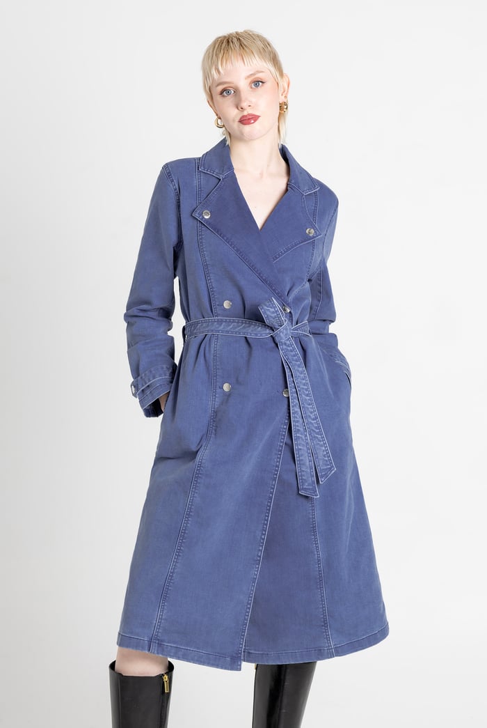 Mid Blue Denim Belted Trench Coat