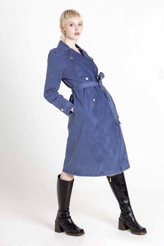 Mid Blue Denim Belted Trench Coat