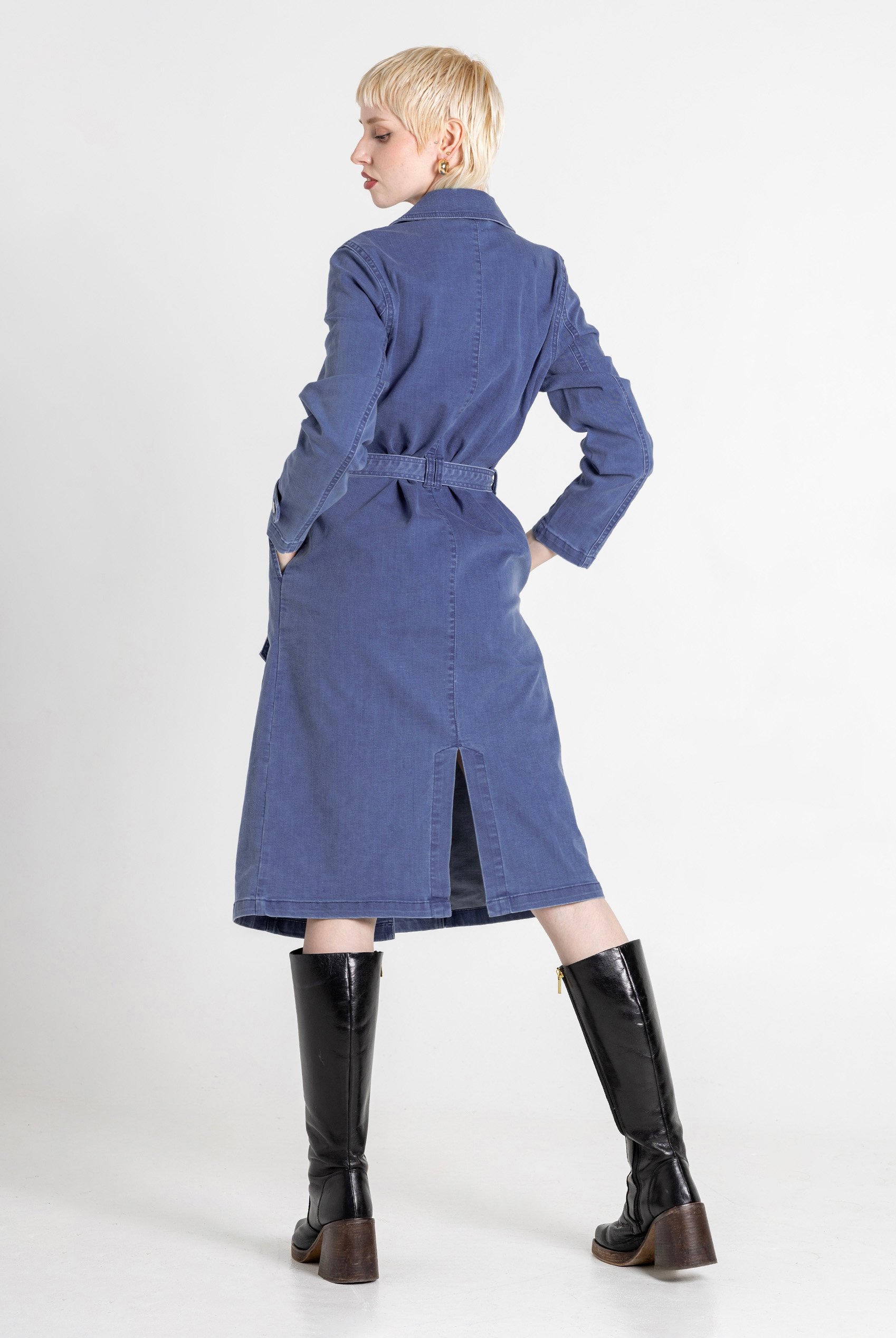 Mid Blue Denim Belted Trench Coat
