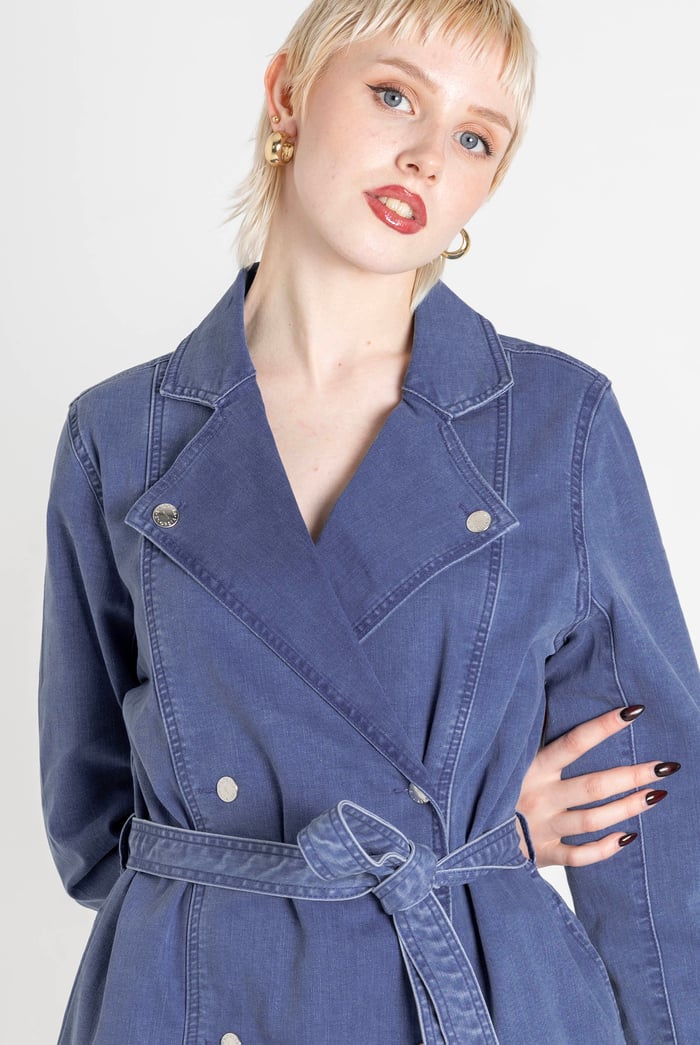 Mid Blue Denim Belted Trench Coat