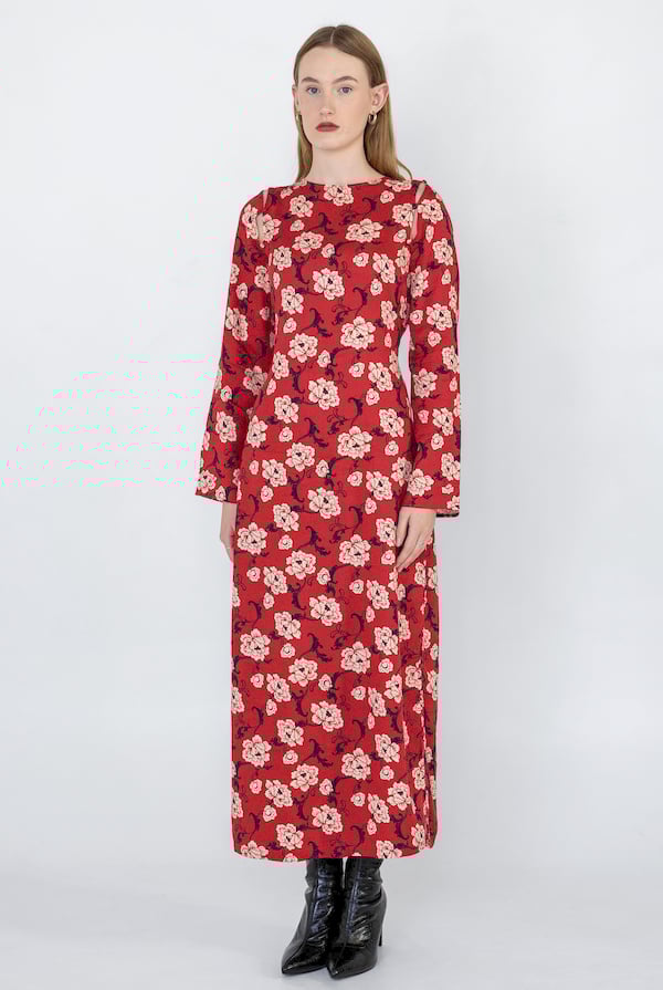 Red Floral Elegance Maxi Dress With Removable Sleeve