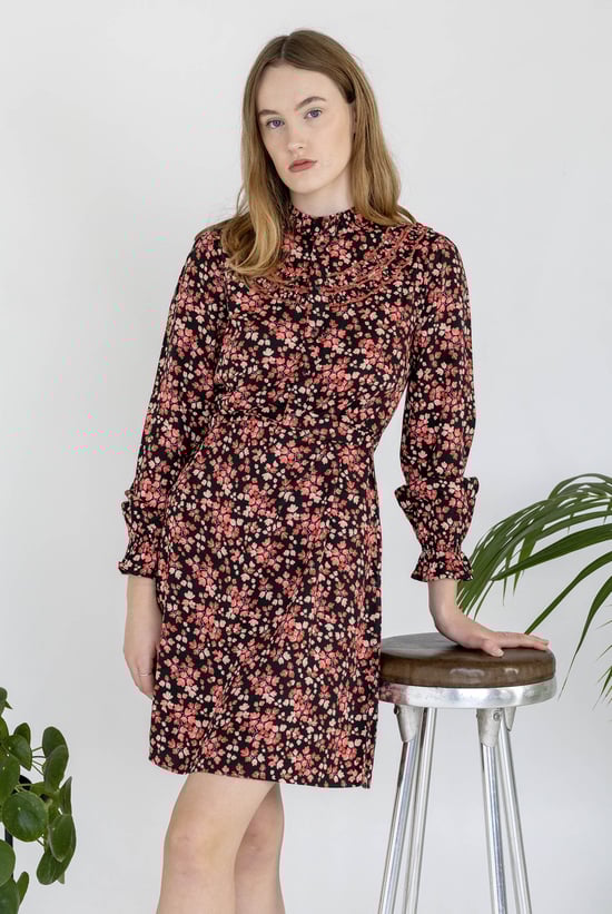 Red/Black Floral High Neck Viscose Mini Dress