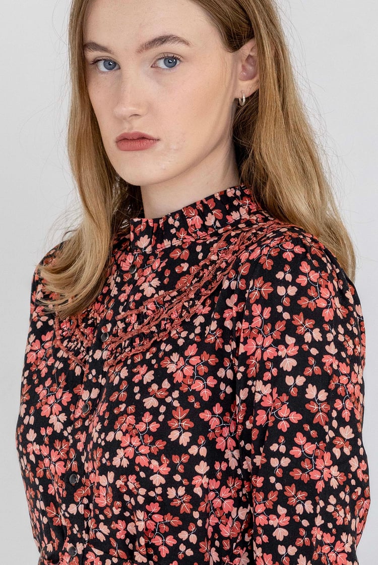 Red/Black Floral High Neck Viscose Mini Dress