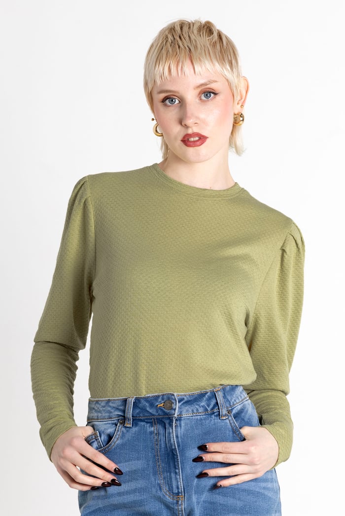 Long Sleeve Crew Neck Jersey Top With Puff Sleeve