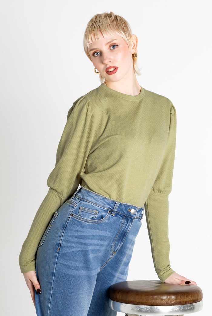 Long Sleeve Crew Neck Jersey Top With Puff Sleeve