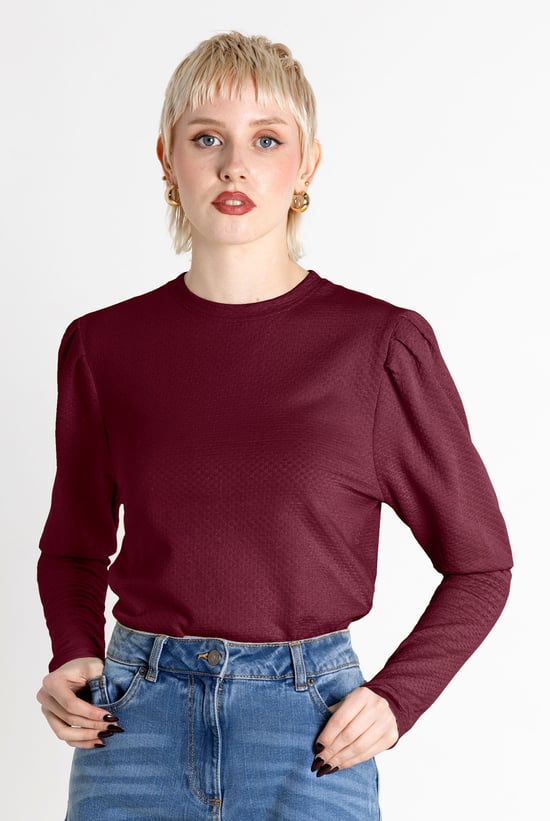 Long Sleeve Crew Neck Jersey Top With Puff Sleeve
