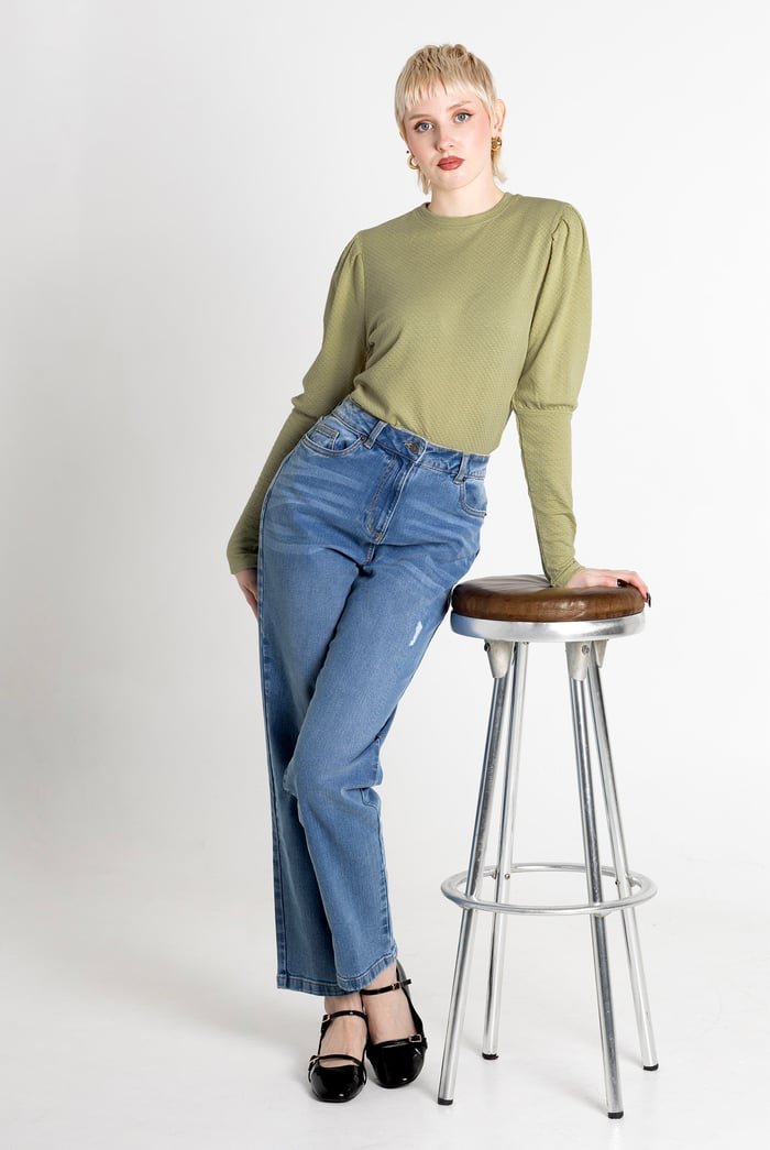 Long Sleeve Crew Neck Jersey Top With Puff Sleeve