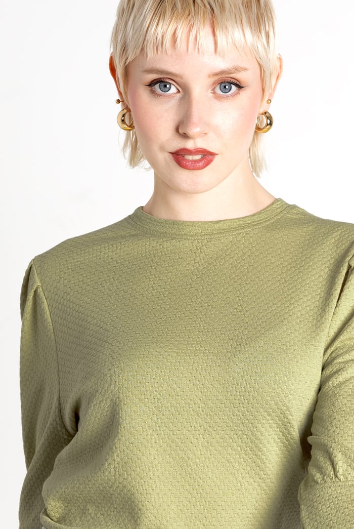 Long Sleeve Crew Neck Jersey Top With Puff Sleeve