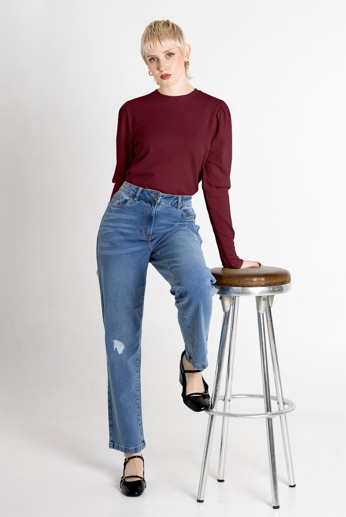 Long Sleeve Crew Neck Jersey Top With Puff Sleeve