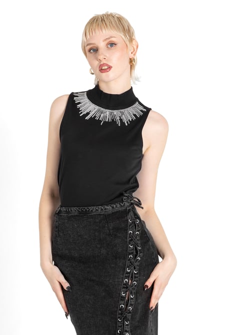 Black Silver Sequin High Neck Sleeveless Top