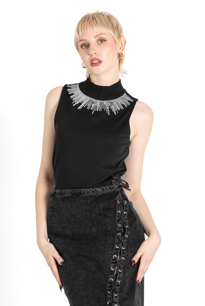 Silver Sequin High Neck Sleeveless Top