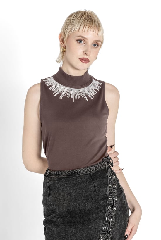 Silver Sequin High Neck Sleeveless Top