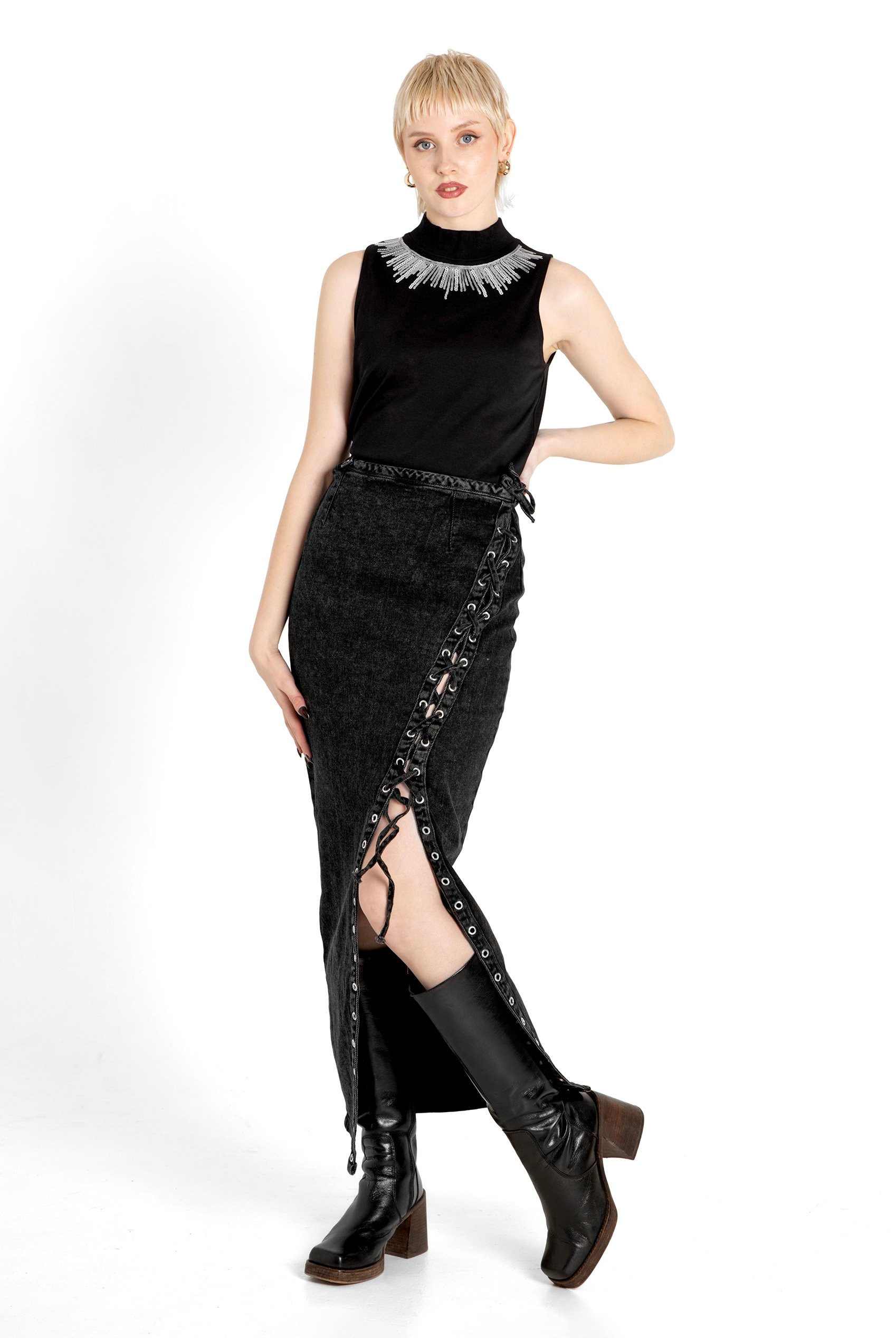 Silver Sequin High Neck Sleeveless Top