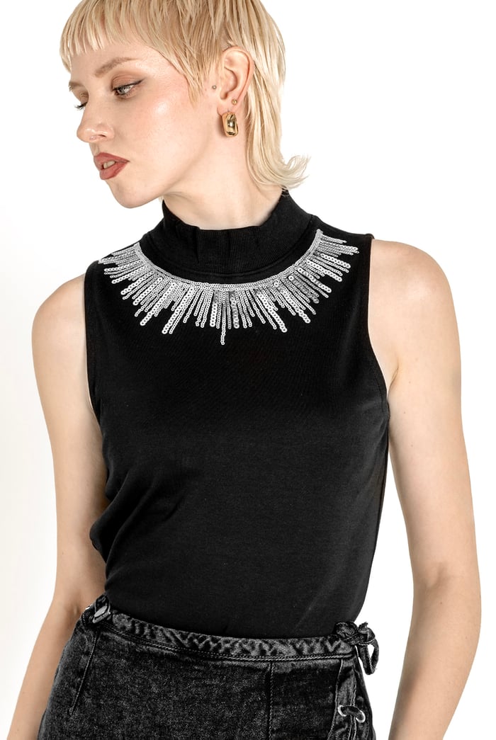 Silver Sequin High Neck Sleeveless Top