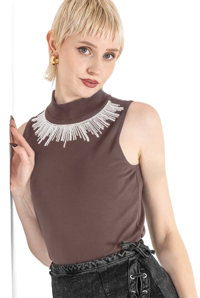 Silver Sequin High Neck Sleeveless Top