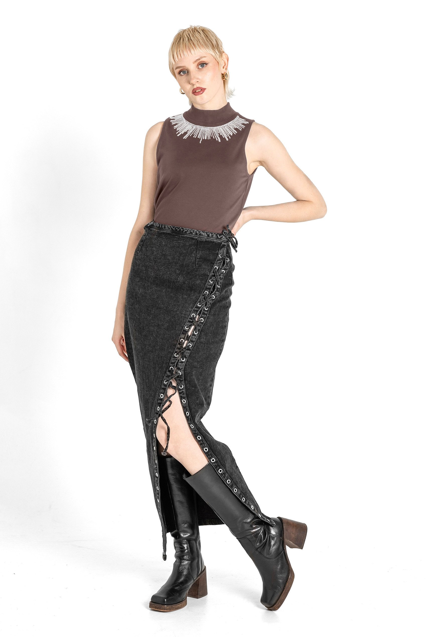 Silver Sequin High Neck Sleeveless Top