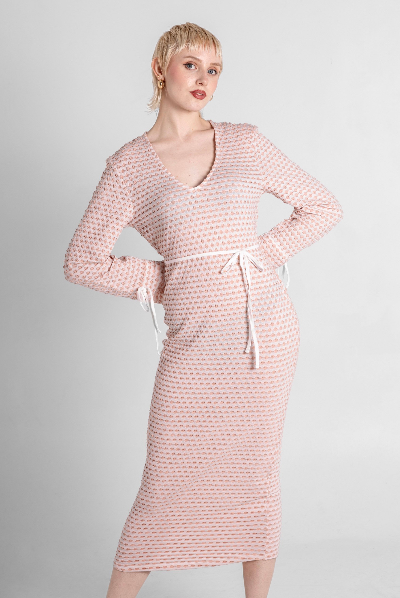 Textured Stretch Jersey Long Sleeve Midi Dress