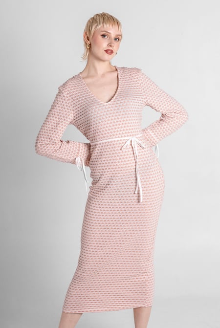 Pink Textured Stretch Jersey Long Sleeve Midi Dress