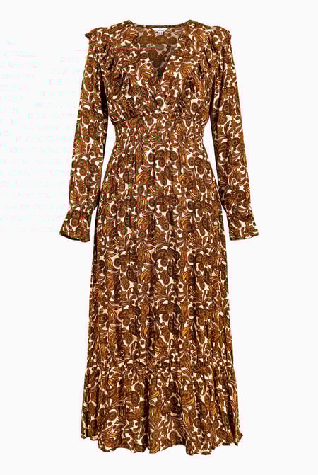Brown Paisley Printed Viscose Shirred Maxi Dress