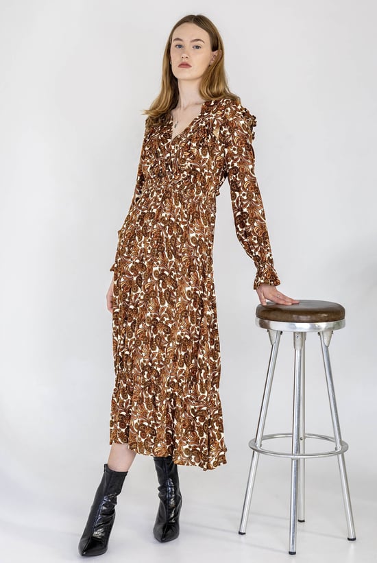 Paisley Printed Viscose Shirred Maxi Dress
