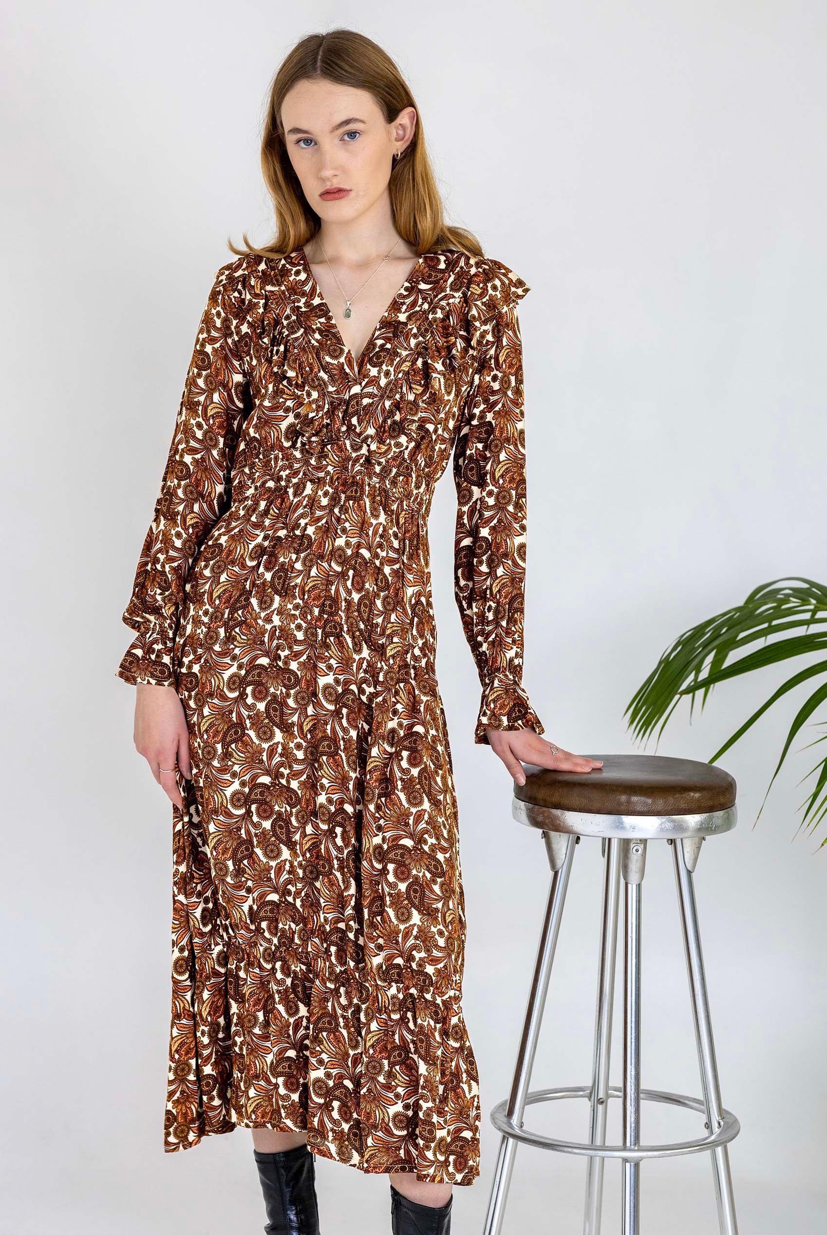 Paisley Printed Viscose Shirred Maxi Dress