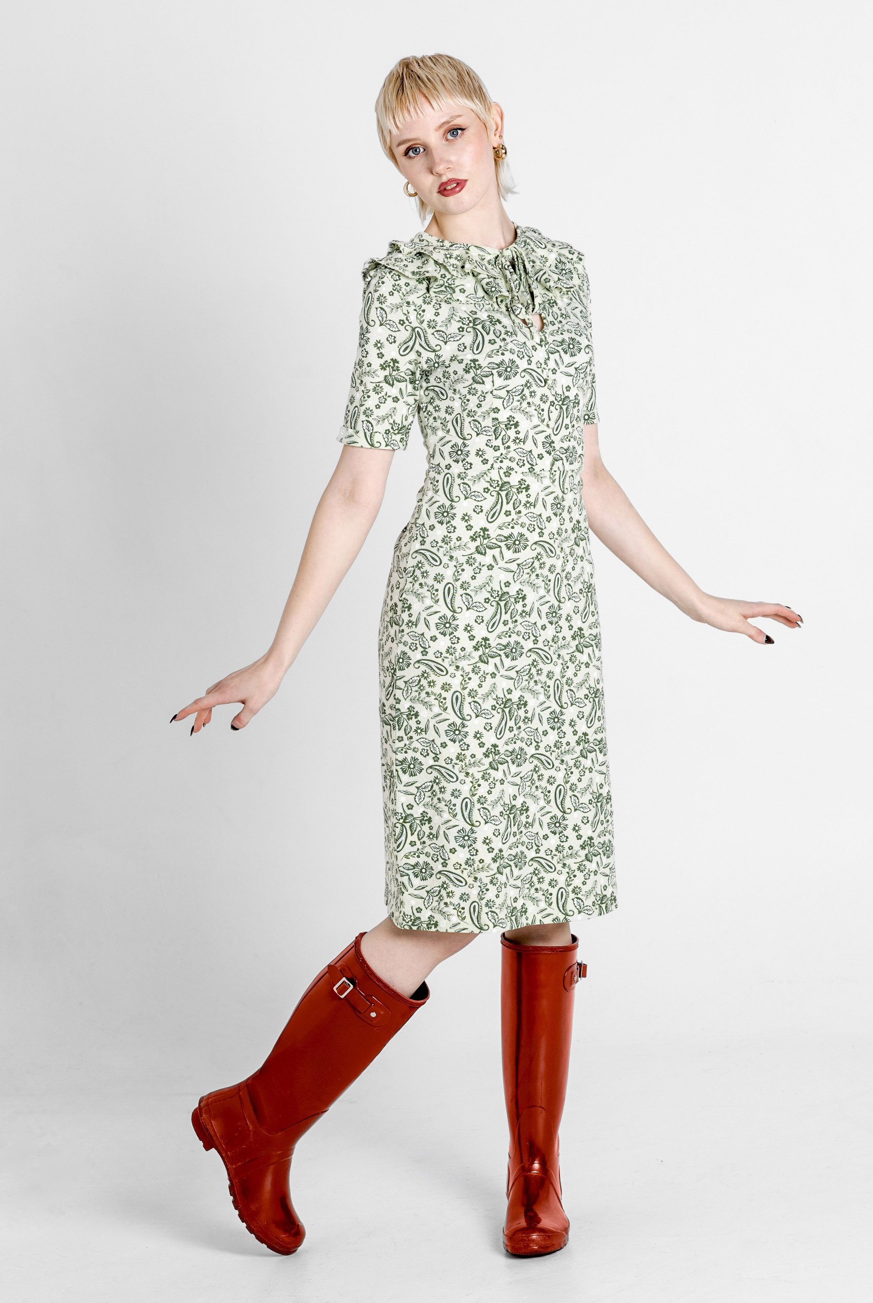 Double Layer Ruffles And Tie Fastening Midi Dress